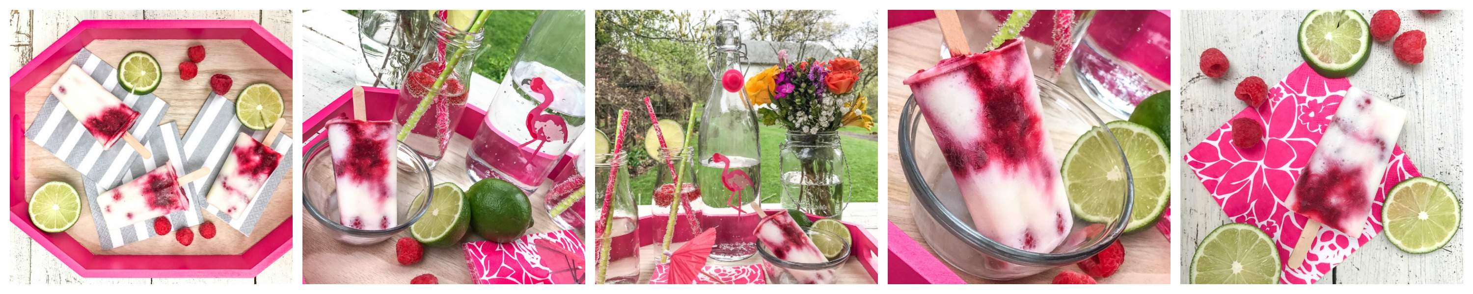Outdoor summer drink station with raspberry lime popsicles, glass bottles, colorful straws, and a floral centerpiece on a patio table