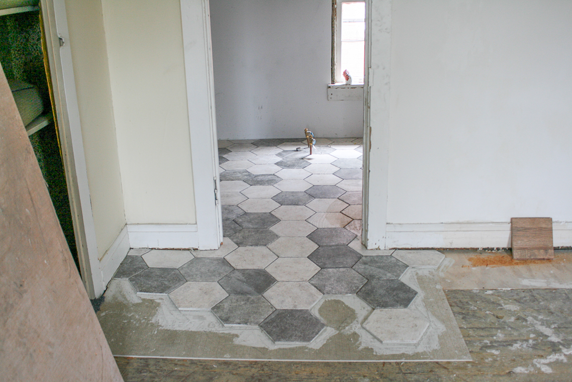 Bathroom Makeover - Shaw Floors hexagon porcelain tile SanFrancisco @diyshowoff #helloredreno