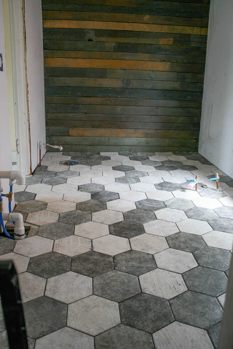 San Francisco hexagon tile floor wood plank wall