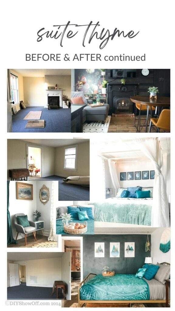 Before and after collage of Suite Thyme’s living room and bedroom transformations in Butler, PA, featuring moody accent walls, a canopy bed, velvet textures, boho-modern styling, and inviting seating areas.